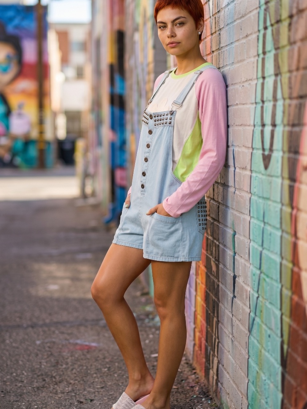 POL Studded Light Wash Denim Overall Shorts | Relaxed Fit Button Front Shortalls - Picture 2 of 5